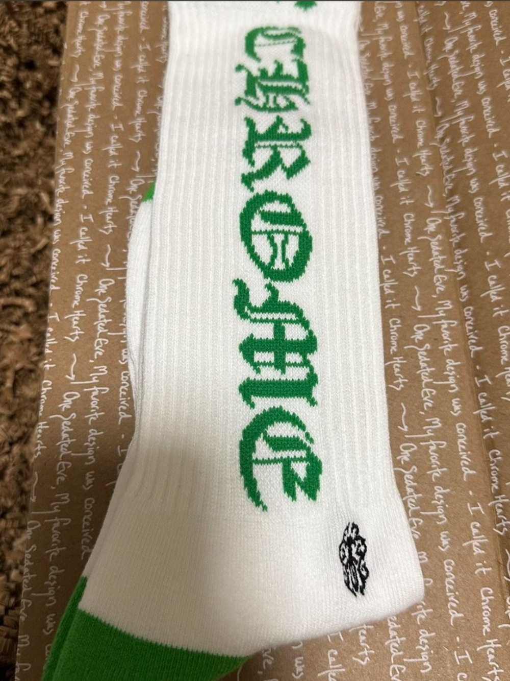 White Crew Athletic Socks with Green Gothic Script